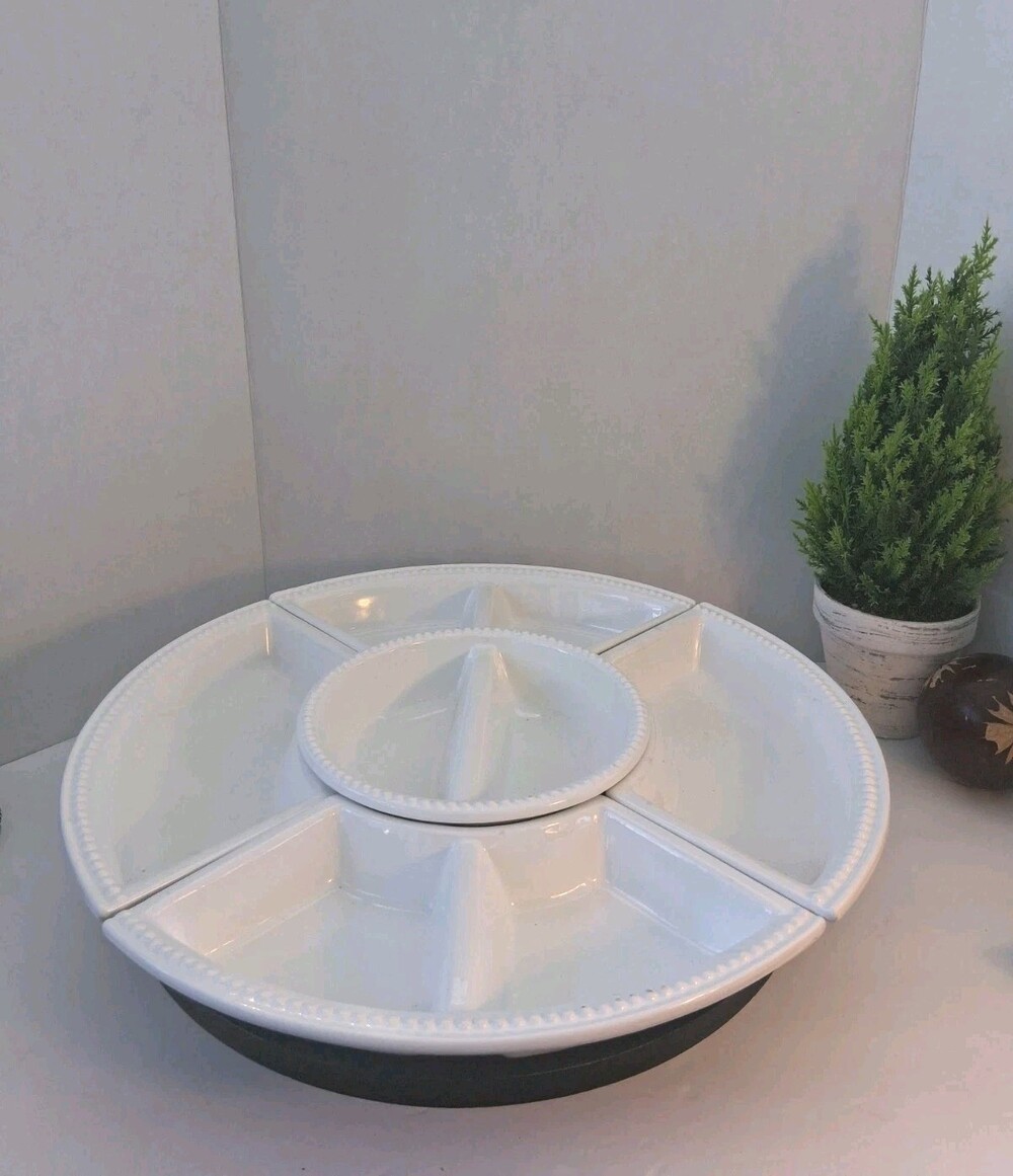 VTG White Ceramic Serving Set + Lazy Susan Spinner Tray; Beaded Detailing; EUC!